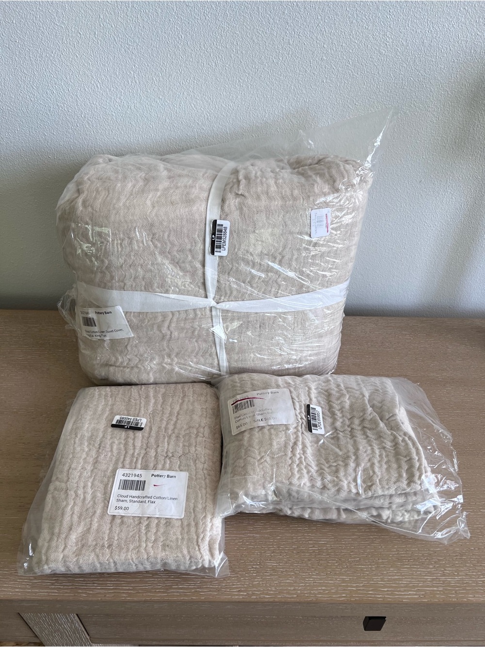 Pottery Barn New Cloud Handcrafted Cotton-Linen Throw/Duvet 3 pc Set color Flax